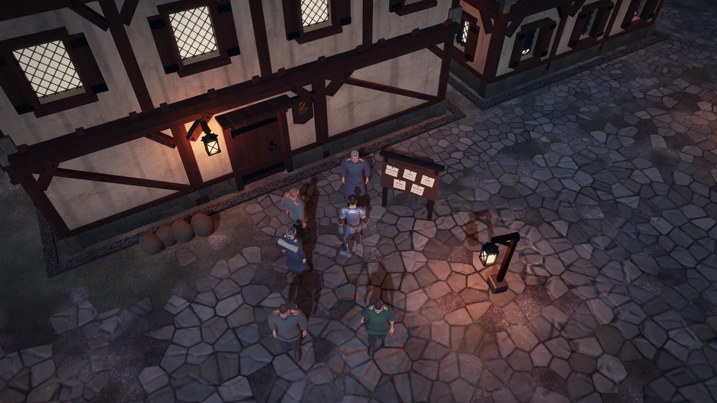 The Hands for Hire board and hiring master outside Tharyon City's inn at night, with a player and hired hands.