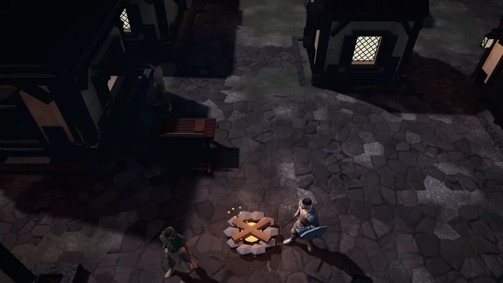 Two travellers stand near embers in Cindervale’s village square.