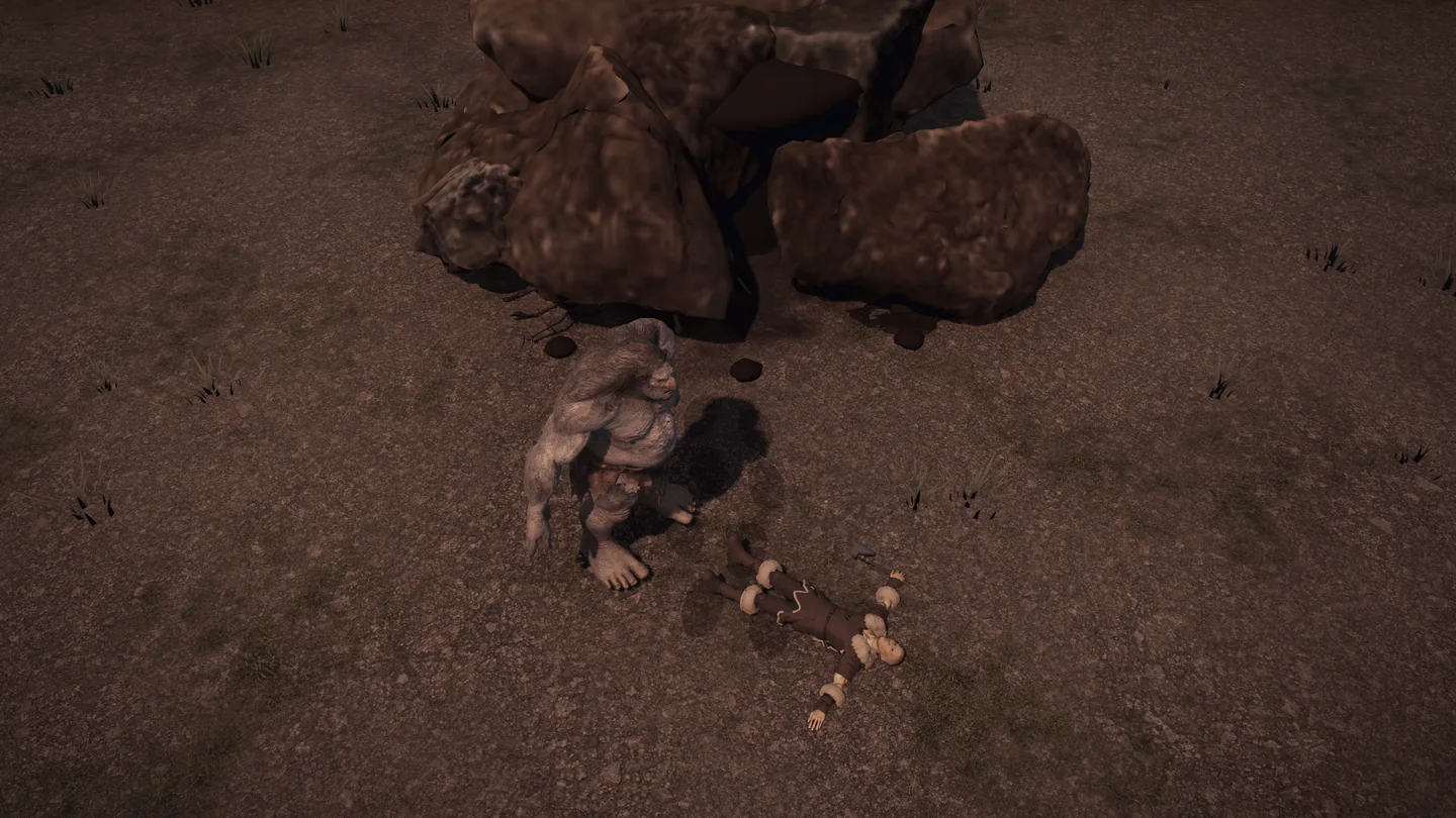 A troll stands over an adventurer who has fallen backward away from it in Mist Waste.