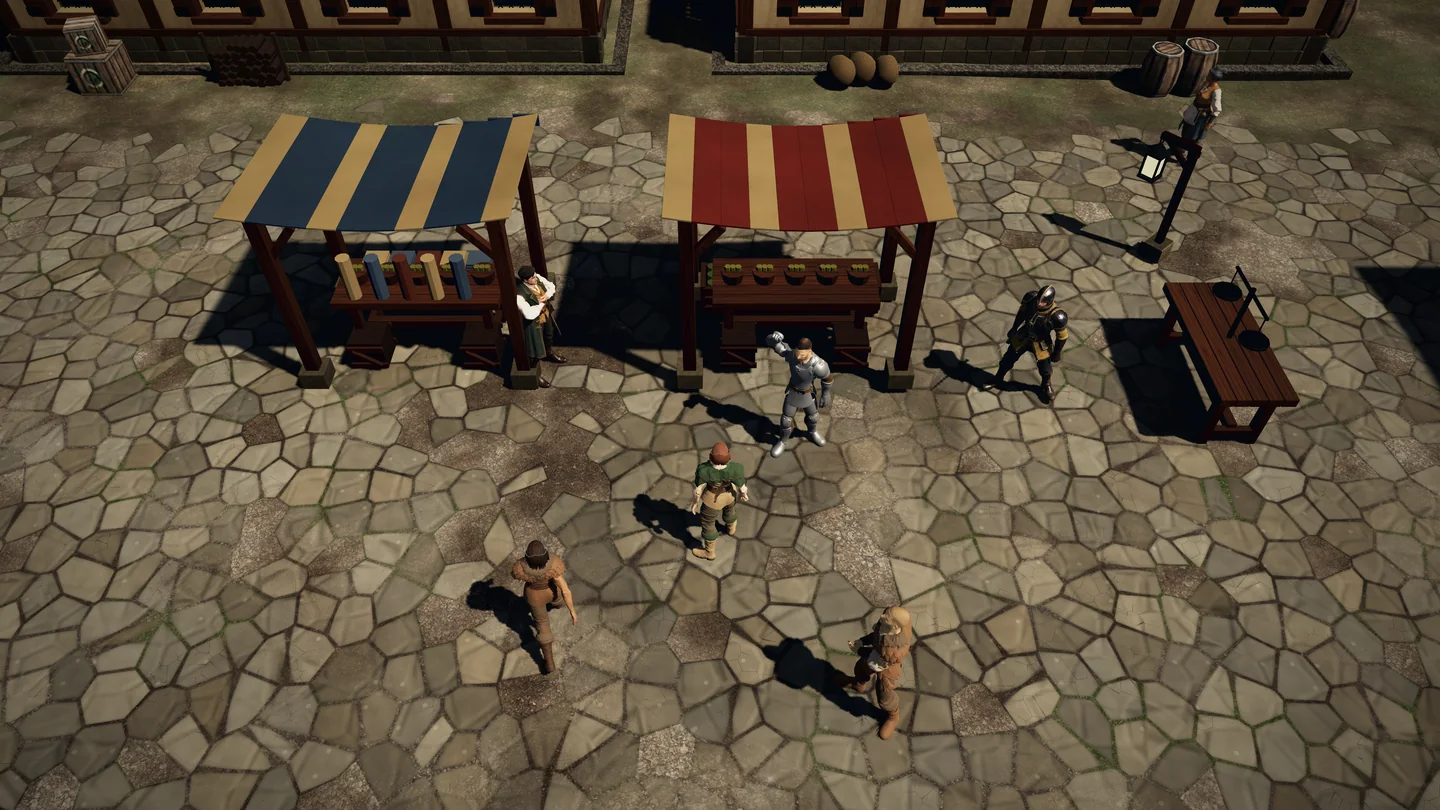 Players and townsfolk gather around striped market stalls in Tharyon City.
